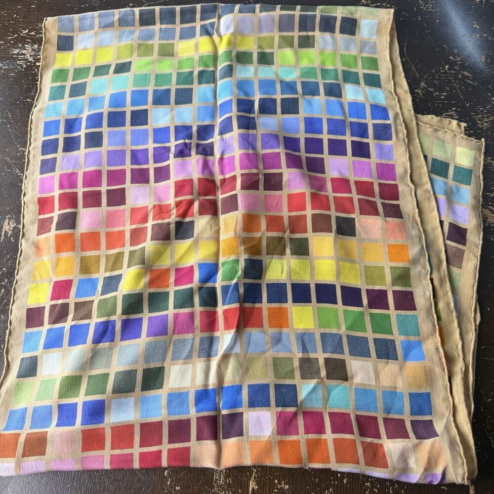Tolani Scarf Shawl 100% Silk 66x15 Rectangular MultiColor Block Squares On Tan